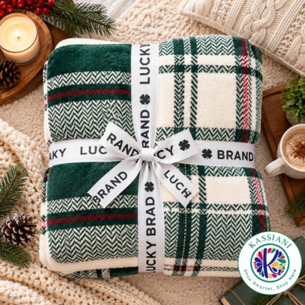 Lucky Brand King Plush Blanket 108x90 OEKO-TEX® Holiday Plaid Red Green White